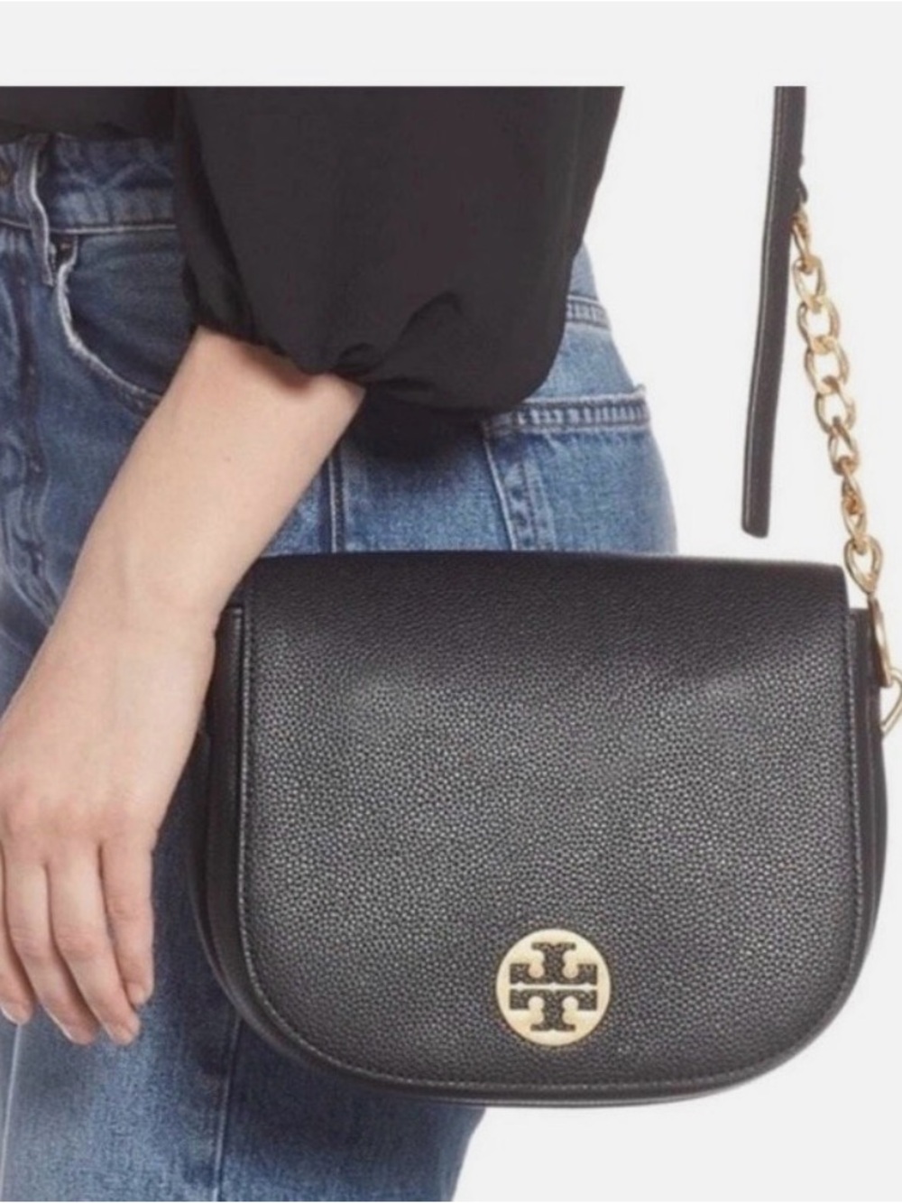 Tory Burch Everly Black Pebbled Leather Flap Saddle Bag Crossbody Gold Details